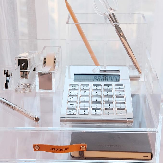 Acrylic Calculator with Stand, Battery and Solar Hybrid Powered Basic Calculator 12-Digit LCD Display,Home Office Desktop Accessories(Silver)