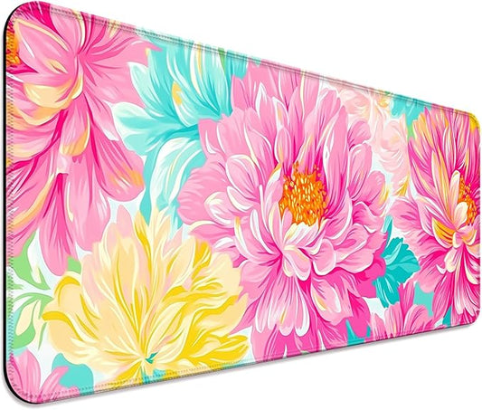 Pink Flower Gaming Desk Mat, Computer Keyboard Large Extended Long Floral Mouse Pad for Office and Home, XL (W29)