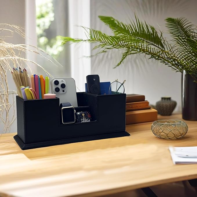 UnionBasic Desk Organizer, Desktop Caddy Leather Multi-compartment Pen Holder Office Stationer Organizer, Black