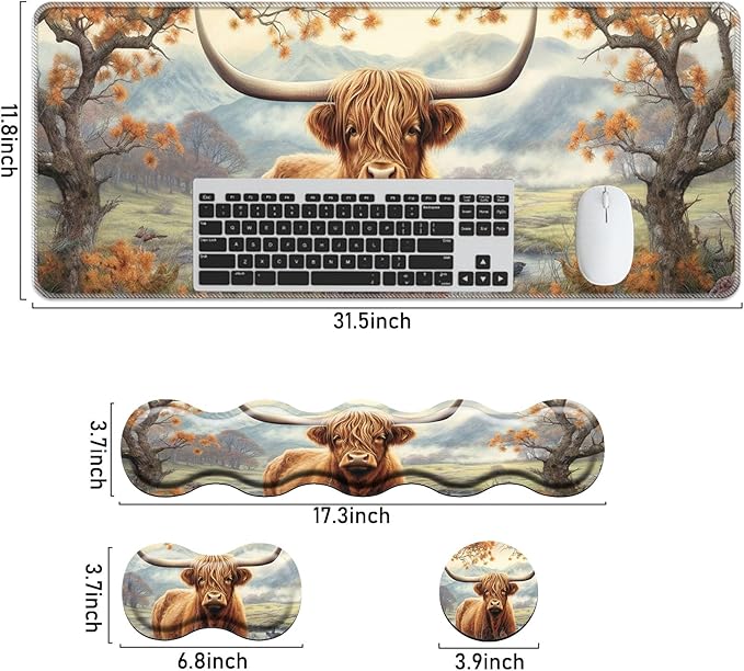 Keyboard Mouse Pad Set,Large Mouse Pad+Keyboard Wrist Rest+Wrist Support+Coaster,31.5x11.8in Extended Desk Mat for Computer Laptop Office Home-Highland Cow