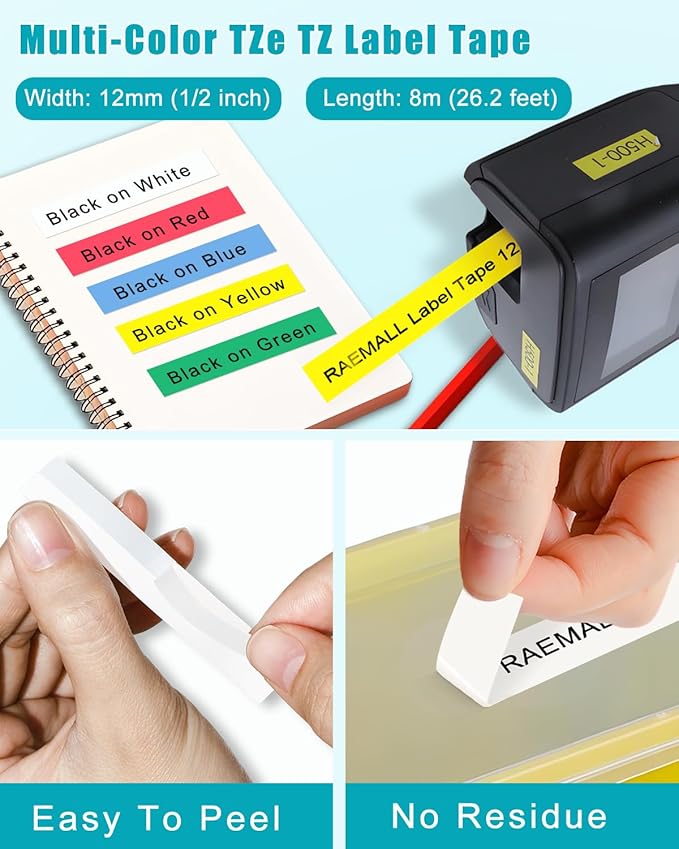 5-Pack Label Maker Tape Replace for Brother TZe TZ Tape 12mm 0.47 Laminated Colored White/Red/Blue/Yellow/Green Compatibel with Brother P Touch Label Maker PTH110 PTD220 PTD210 PT-D410