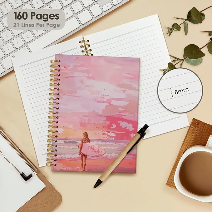 Wheatwin Pink Beachy Aesthetic Spiral Notebook Journal, Preppy Trendy Cute Notebook for Women, Preppy Notebooks for School 5.5x8.3
