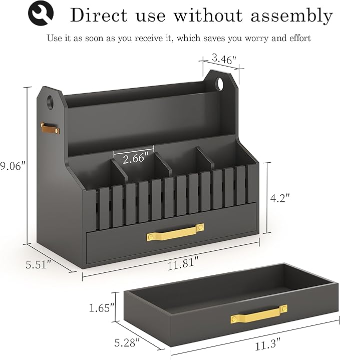 Bamboo Mail Organizer Countertop with Drawers, Wood Desk File Organizer Desktop Paper Organization Storage Bill & Letter Sorter Holder for School Home Office Supplies, No Assembly Required (Black)