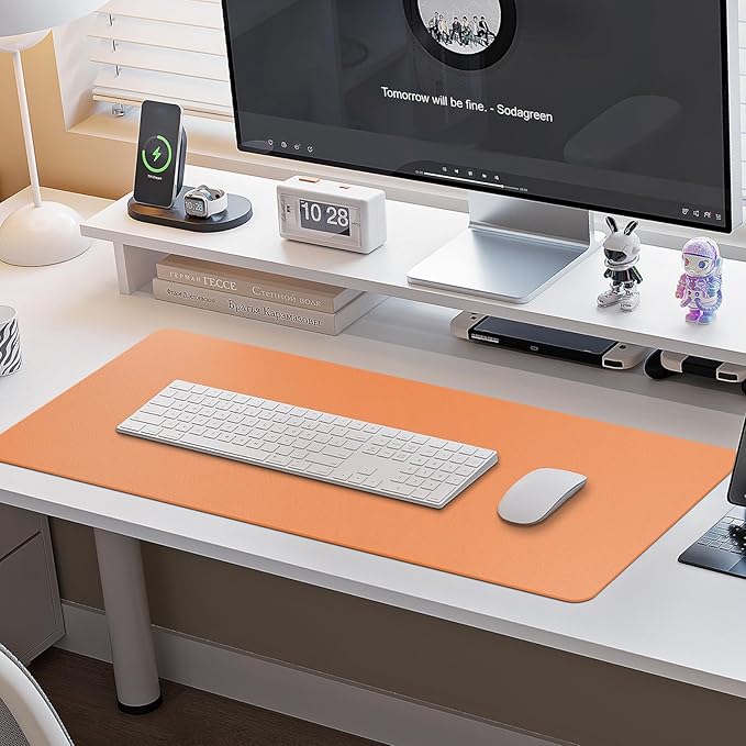 Boutilon Leather Desk Pad Protector,Non-Slip Mouse Pad,Laptop Desk Pad,Office Mouse Mat,Waterproof Leather Desk Blotter,Desk Writing Pad for Office and Home (L-Orange,35"x 17")