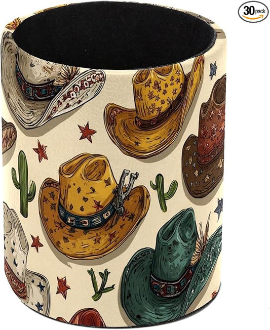 1 Pack Western Cowboy Hat Circular Pen & Pencil Holder - Durable PU Leather Pencil Cup, Desk Accessories Organizer for Office Desk School Home
