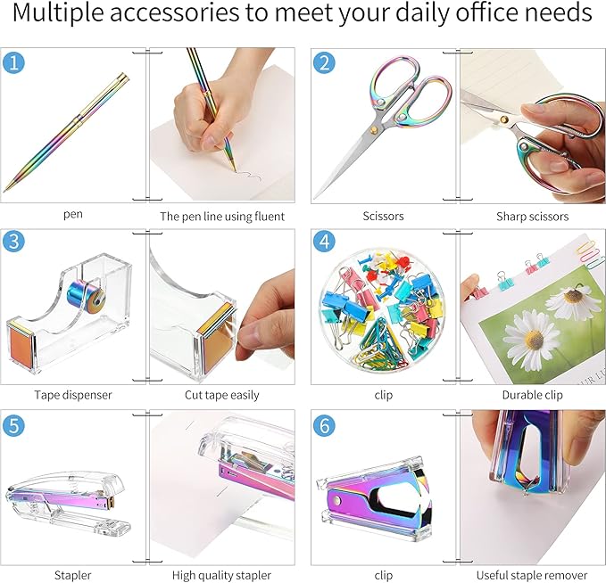 Office Supplies Set Desk Accessory Kit, Acrylic Stapler Set Staple Remover, Tape Dispenser, Binder Clips, Paper Clips, Ballpoint Pen and Scissor with 1000 Pieces 26/6 Staples (Rainbow Color)