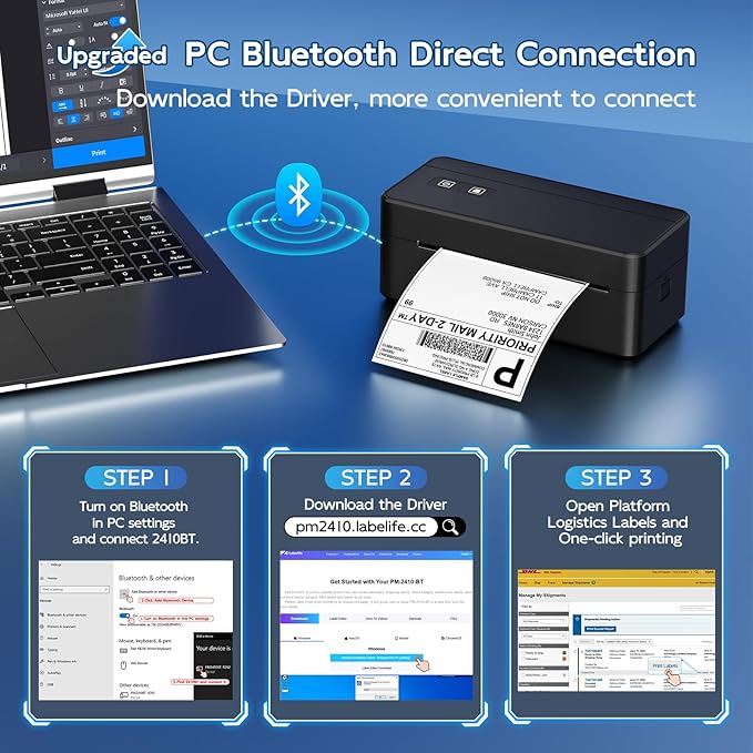 Bluetooth Thermal Shipping Label Printer, 4x6 Thermal Label Printer for Small Business, 2410BT Wireless Label Printers Compatible with iOS Android & PC, Widely Used for Ebay, USPS, Tiktok