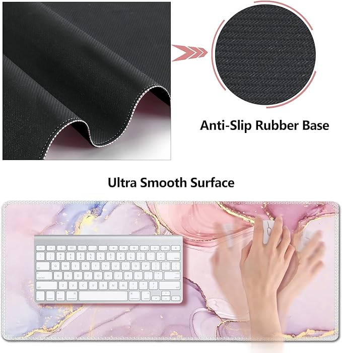 AIMSA Large Gaming Mouse Pad Set, Keyboard Wrist Rest Support Mouse Pad, Ergonomic Memory Foam Multifunctional Extended Desk Mat 35x15.7in Anti-Slip Rubber Base for Office Home, Pink Purple Marble