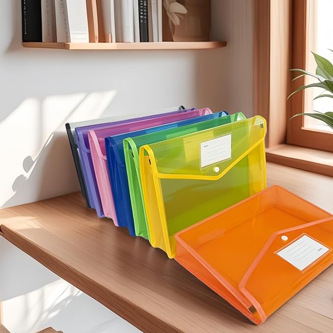7 Pack Plastic Expanding File Folders, Folders For Documents With Snap Closure, Assorted Colors, Transparent Envelopes, Documents Holder,Paper Organizer, Waterproof, Fit Letter/A4 Size (A4) (Colorful)