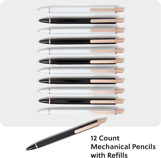 U Brands Cambria Mechanical Pencils, Set of 12, White and Black, Rose Gold Details, Medium (0.7 mm) Point, Lead and Eraser Refills