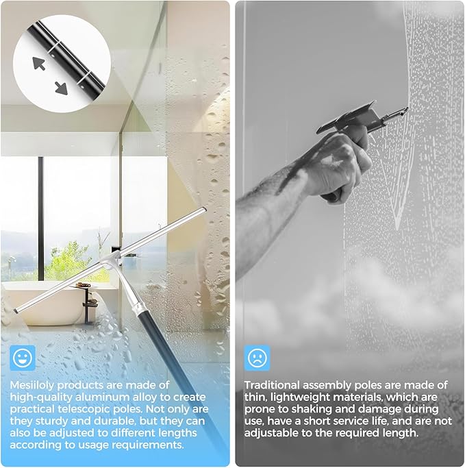 Mesiiloly 59.5" Long Handle Window Squeegee with Extension Pole, 12.4" Wide Metal Shower Squeegee for Glass Doors, Floor Squeegee for Home Window Cleaning, Tile Wall, Car