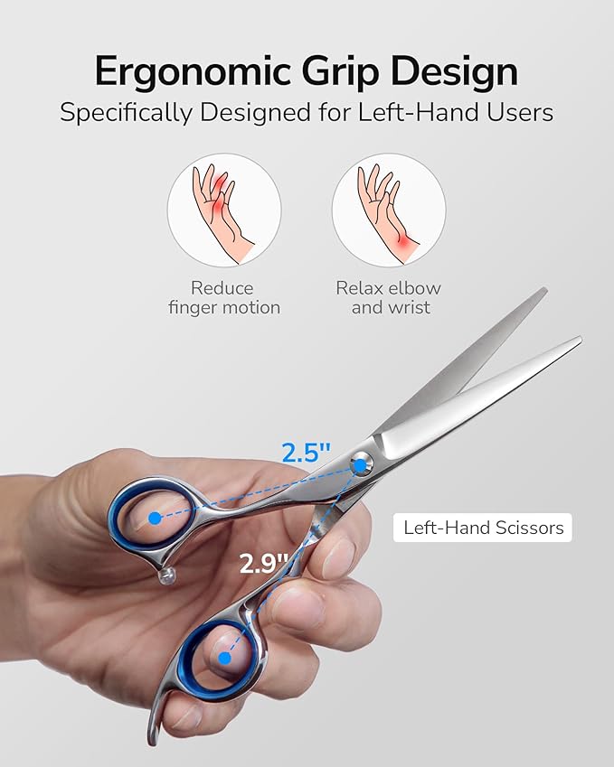 Hair Cutting Scissors for Left Hand, ULG Left-Handed Professional Hair Scissors 6.5-Inch Razor Edge Barber Shears for Salon and Home Hair Cutting Made of Japanese Stainless Steel, Blue Fingerhole Ring