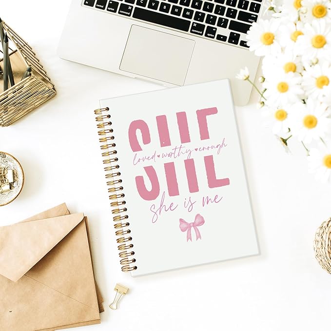 Coquette Pink Bow Christian Spiral Notebook, Bible Journaling Notebook, Religious Prayer Journal for Woman, Church Notes Journal, She Loved Worthy Enough Hardcover Notebooks 5.5x8.3