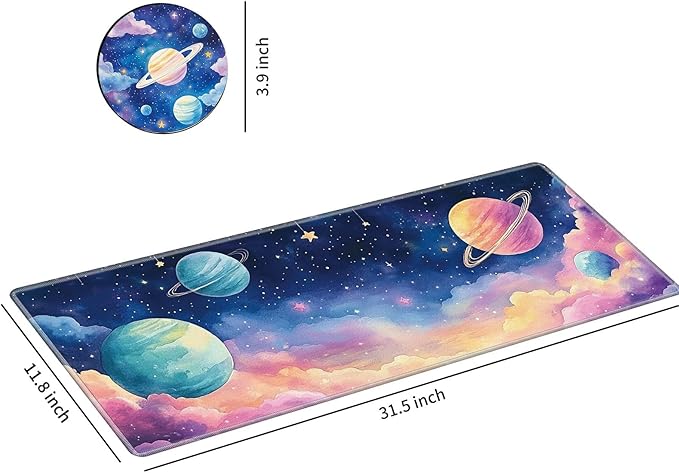 Desk Mat Large Gaming Mouse Pad (31.5x11.8 inch) with Stitched Edges, XL Mouse Pad +Coaster, Extended Mouse Mat Keybroad Mousepad Non-Slip Rubber for Gamer Men Women, Colored Nebula Planet