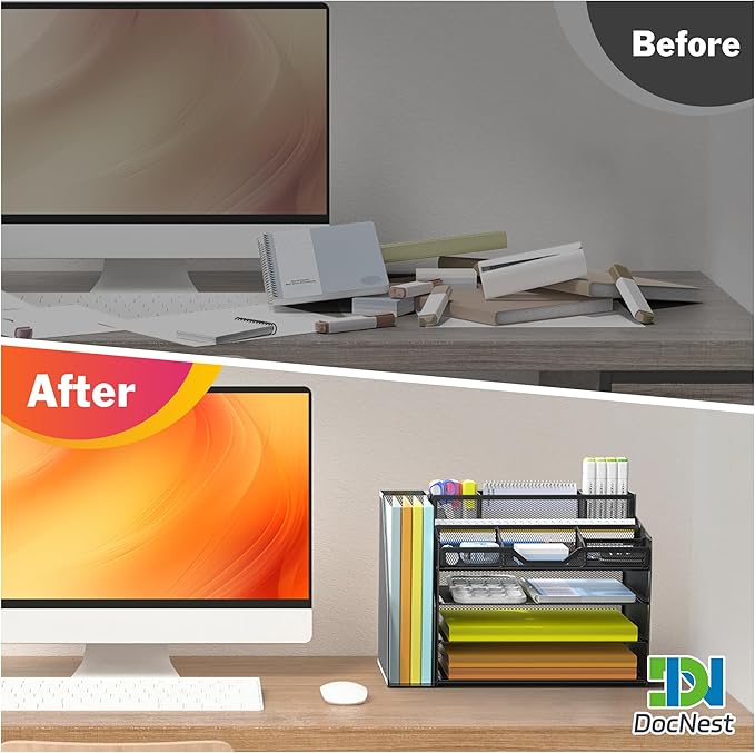 Docnest 4 Tier Mesh Desk Organizer with File Holder – Multi-Functional Paper Letter Tray with 5 Adjustable Compartments, 3 Pen Holders, Desktop Storage for Files, Mail, Stationery – Black