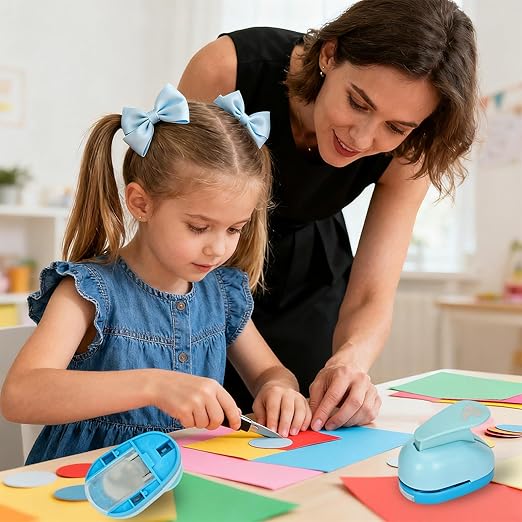 Craft Punches 8 Pack with 6 Sticker Paper, 1inch Hole Punch Shapes Medium Paper Shape Punches for Paper Craft DIY Scrapbooking