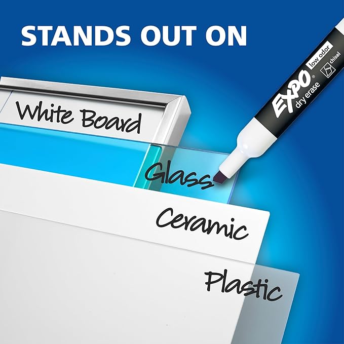 EXPO Dry Erase Markers, Low Odor Ink, Black, Chisel Tip, 12 Count - Easily Erases, Vibrant Ink, Ideal for Classroom, Back to School Supplies, Teachers, Office, Whiteboard & Home