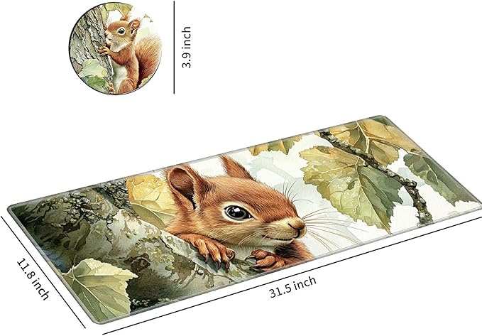 Desk Mat Large Gaming Mouse Pad (31.5x11.8 inch) with Stitched Edges, XL Mouse Pad +Coaster, Extended Mouse Mat Keybroad Mousepad Non-Slip Rubber for Gamer Men Women, Squirrel Camo Tree