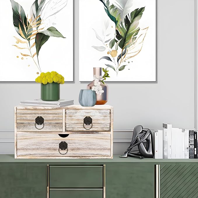 Vintage Wood Desk Organizer, Small Desk Organizer with Drawers, Tabletop Storage Organization Box for Office Home Toiletries Supplies, No Assembly Required (3 Drawer)