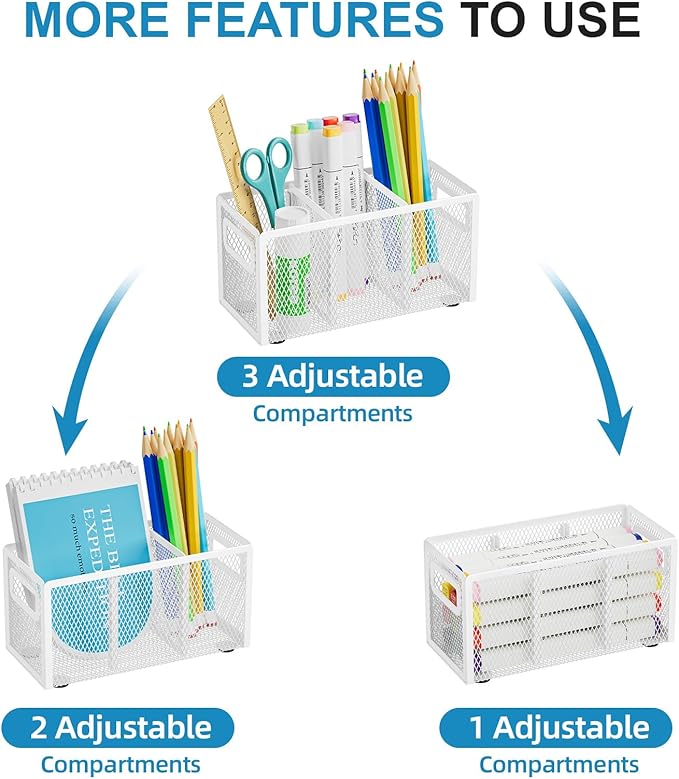 Marbrasse Mesh Pen Holder for Desk,Pencil Holder Desk Organizer 3 Adjustable Compartments,Pencil Cup with Handle Perfect for Classroom, Office, Home,Makeup,Art (White)