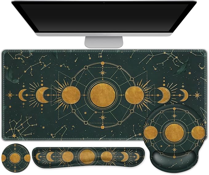 Large Desk Mat, Gaming Mouse Pad, Desk Pad Protector, XXL Mousepad + Keyboard Wrist Rest+Mouse Wrist Rest+Coaster Ergonomic Desk Pad for Home Office Decor, Dark Green Gold Moon Phases Constellation