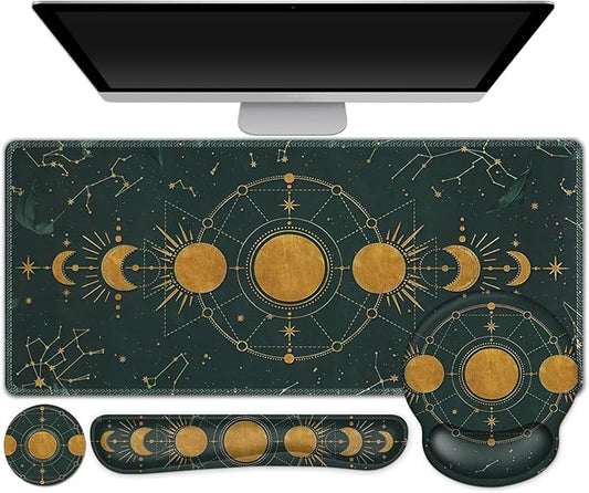 Large Desk Mat, Gaming Mouse Pad, Desk Pad Protector, XXL Mousepad + Keyboard Wrist Rest+Mouse Wrist Rest+Coaster Ergonomic Desk Pad for Home Office Decor, Dark Green Gold Moon Phases Constellation