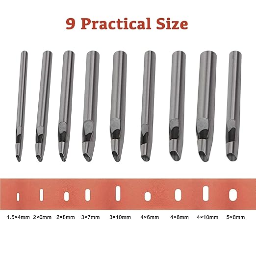 9 Size Oval Hole Punch Set for Leather 1.4mm-5mm, Carbon Steel Hollow Leather Crafting Hand Punching Tool Kit for Watch Cloth Belt Gaskets