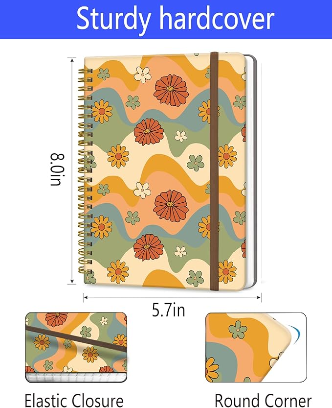 Spiral Journal Notebook, A5 Cute Notebooks for Women Men, College Ruled Hardcover Notebook for Work & Note Taking, 60 Pages Double-Wire Journals for Writing, Retro Boho Flowers