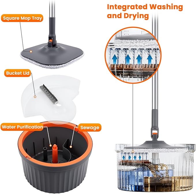 Chabatree Mop and Bucket Set，Spin Mop and Bucket Set with Separate Dirty and Clean Water，12 Replaceable Mop Pads，Deep-Cleaning Mops for Floors, Versatile Mops for Walls