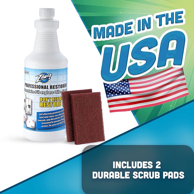 Megabrite - ZAP! Professional Tile & Grout Restorer | Cleans & Restores Porcelain, Fiberglass, Tile, & Grout Surfaces | Rust & Hard Water Remover | Kitchens & Bathroom Porcelain Sinks, Toilets, & Tubs