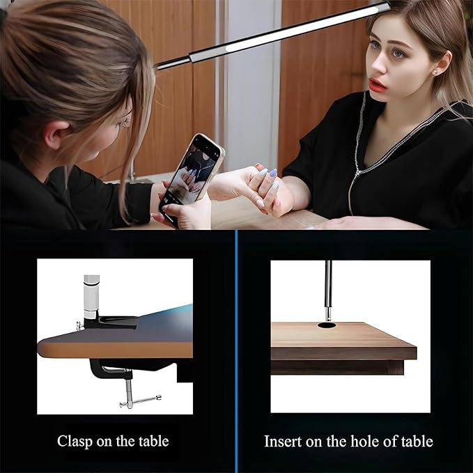 Aluminum LED Desk Lamp with Super Long Arm, Adjustable Nails Light for Desk, Pro Nail Desk Lamp with 2 in 1 clamp, Suitable fo Nail Beauty, Home Office,Workshop,Reading (Matte Black)
