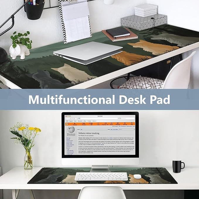 Mouse Pad Desk Mat Leather Desk Pad Large Gaming Desk Cover Protector Mat for Keyboard Computer Laptop Office Waterproof 35.4 x 16.5 Inch Cute Wolves Back and Green Mountain