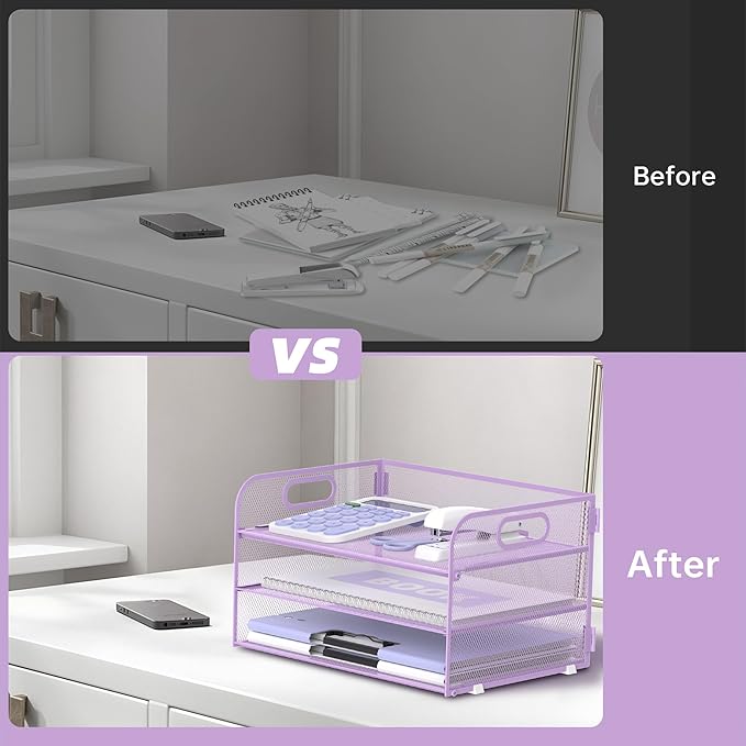 Supeasy 3 Tier Paper Organizer with Handle, Mesh Desk Organizer Letter Tray, Paper Tray File Organizer for A4 File Folder, Purple