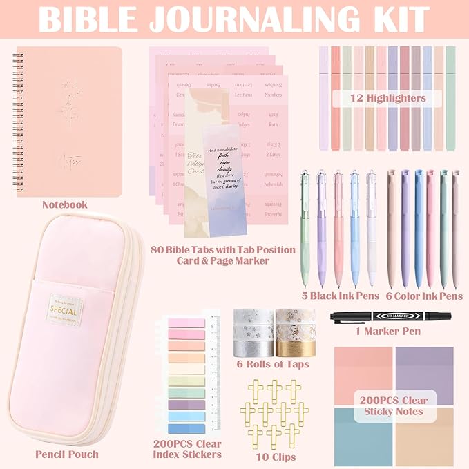 Bible Journaling Kit for Women – Christian Gifts for Women, Bible Study Tools, Highlighters, Pens, Sticky Notes, Notebook, Pink Bible Tabs & More – Perfect for Bible Study, Birthday & Mother’s Day
