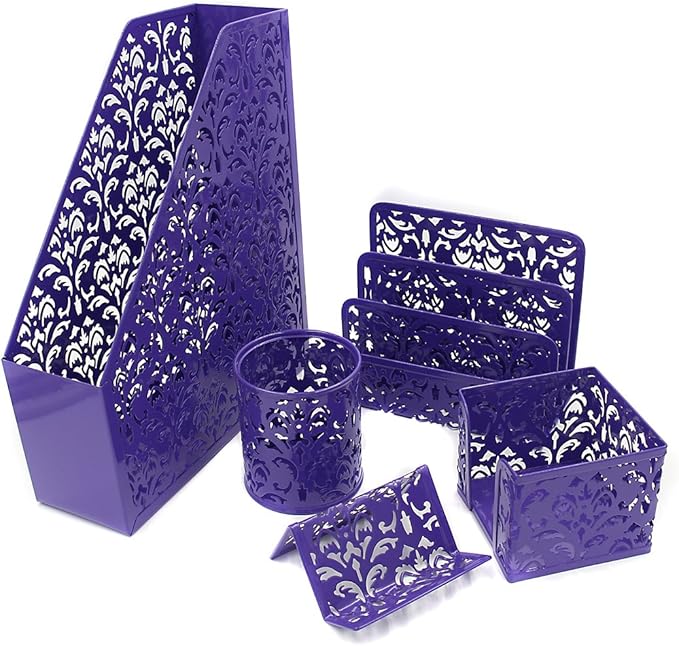 EasyPAG Desk Organizer Set - Pencil Holder Letter Sorter File Holder Business Card Holder and Sticky Note Holder, Purple