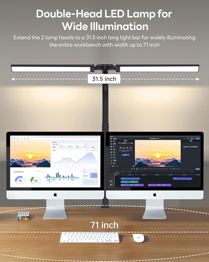 LED Desk Lamp for Home Office, Eye-Caring Desk Light with Clamp, Stepless Dimming 24W Double Head Architect Task Lamp with Remote Control, Flexible Gooseneck, for Working, Studying, Reading, Drafting