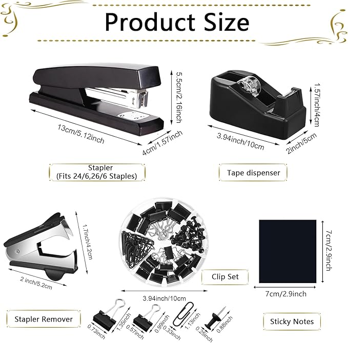 Office Supplies Set,Desk Accessories,Stapler and Tape Dispenser Set,1000 Staples,Staple Remover,Hinder Clips,Ruler,Scissor,Clear Tape,Ballpoint Pen,Sticky Notes,Gifts for Colleagues(Black)