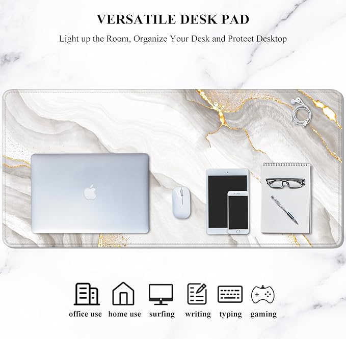 Auhoahsil Large Mouse Pad, XXL Gaming Mousepad, Desk Mat for Desktop, Thick Rubber, Big & Long Size, Stitched Edges, Full Desk Pad for Laptop & Computer, Extended 31.5 x 11.8 in, Gold Gray Marble