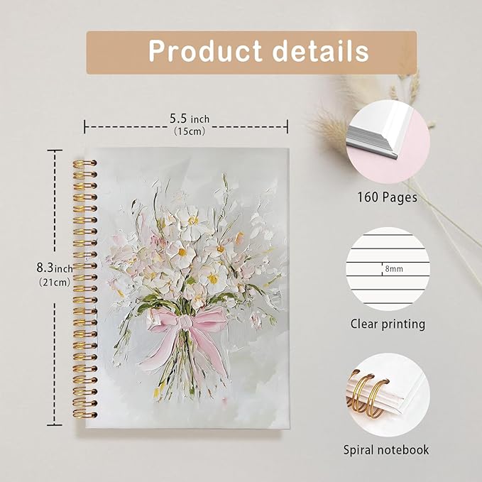 Pink Bow Floral Journal for Women Girls, Preppy Pretty Trendy Notebook, Girl School Supplies for Notes, Writing & Gifts, Floral Coquette Aesthetic Spiral Notebook, A5 Size 5.5x8.3