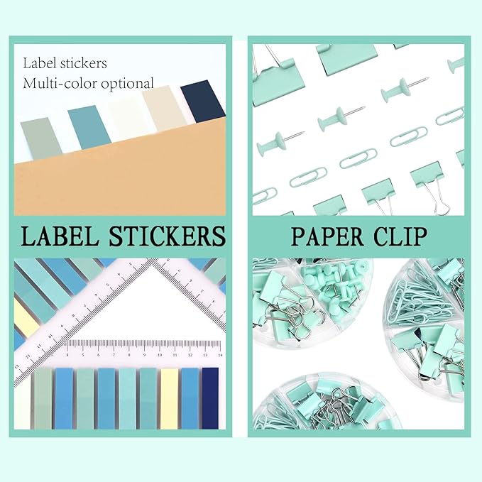 Green Office Supplies,UPIHO Teal Desk Accessories,Stapler and Tape Dispenser Set for Women with Stapler,Tape Dispenser,Staple Remover, Staples, Clips, Scissor and Tabs for Students, Office Clerks