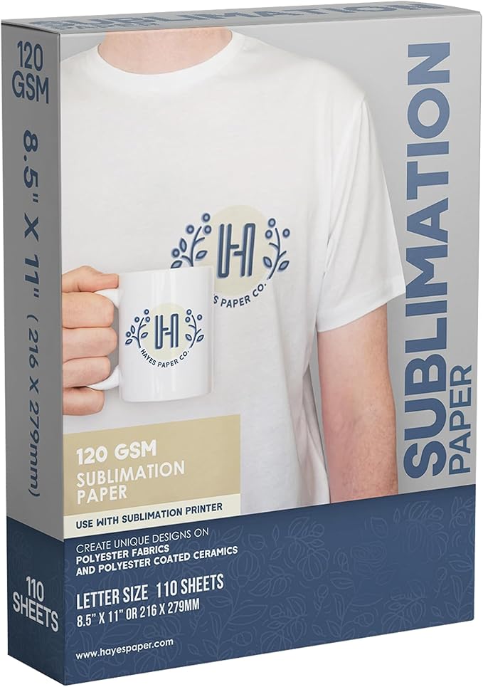 Hayes 110 Sheets Sublimation Paper 8.5x11 Inch Letter Size | 120gsm Heat Transfer Paper for Inkjet Printers | Use on Mugs, T-Shirts, Light Fabrics | Compatible With Sublimation Printers