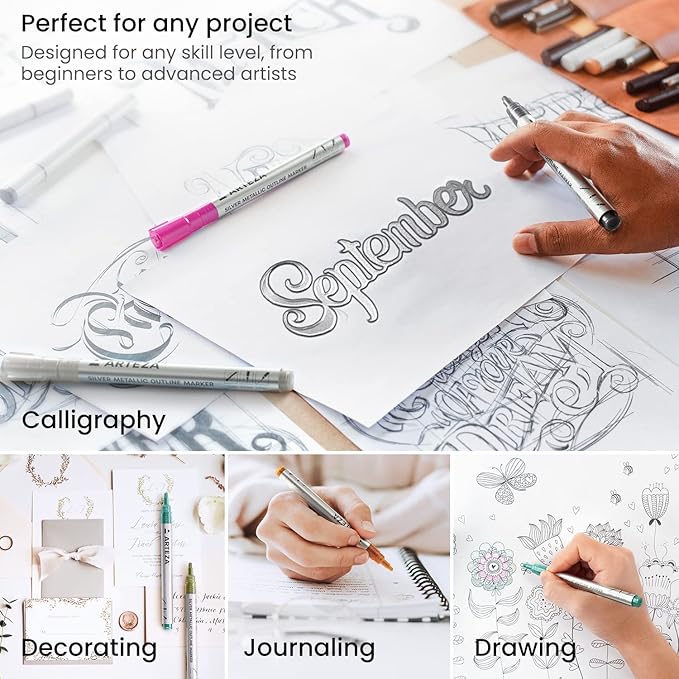 Arteza Double Outline Markers, 24 Colors, Silver Alcohol Markers, Create Metallic Lines with Vivid Color Outlines, Work on Cards, Paper, and Canvas