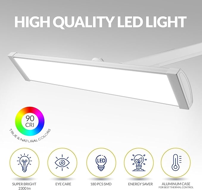 Ultra Bright 2300 Lumens Powerful Professional Eye Care LED Desk Lamp - Brightness Adjustable, Modern Task Light for Home, Beauty, Crafting, Office, Workbench (Daylight, Dimming, White)
