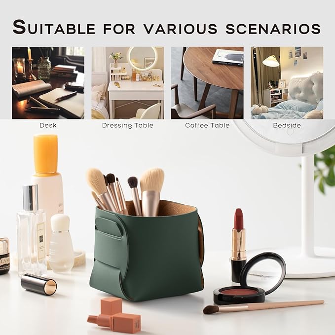 HOMIEAZICOZI 2-Pack Cork Leather Desk Accessories Storage - Pencil Pen Holder - Makeup Brush Holder Organizer - Stylish Addition to Home Decor (Dark Green)