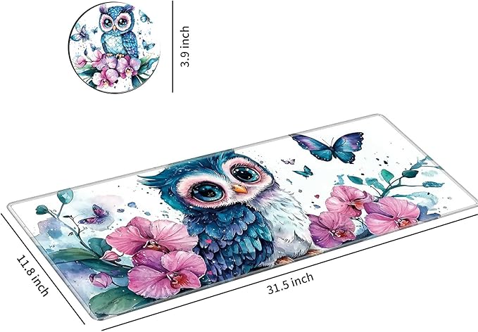 Desk Mat Large Gaming Mouse Pad (31.5x11.8 inch) with Stitched Edges, XL Mouse Pad +Coaster, Extended Mouse Mat Keybroad Mousepad Non-Slip Rubber for Gamer Men Women, Blue Owl