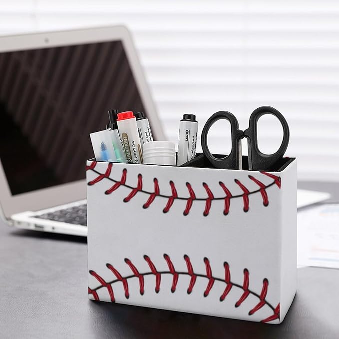 Pen Holder, Pencil Holder for Desk Organizer, Ball Baseball Stitches Sport PU Leather Pencil Cups Desktop Stationery Storage Makeup Brush Holder Pen Organizer for Office Home