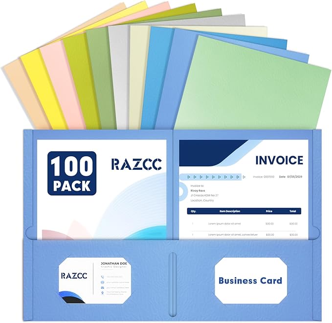 Two Pocket Folders, RAZCC 100 Pack File Folders with Pockets Fit Letter Size Paper, Thick Paper File Folder for School Office Business Home, Assorted 10 Colors