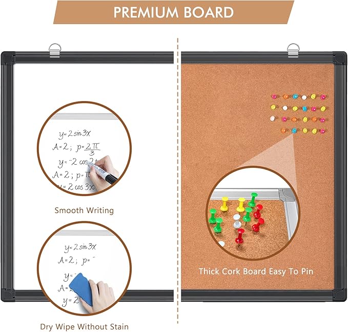 Magnetic White Board and Cork Board Combo, 36 X 24 inches Whiteboard Bulletin Combination Board, Wall Mounted Dry Erase Message Board for Home, School and Office, Black