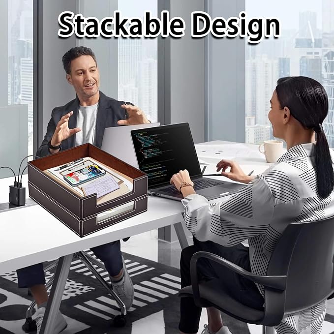 Leather Letter Tray, Office Supplies Desk Organizer for Mail Paper Files Magazines Jewelry Cosmetics,Luxury Letter Holder&Multipurpos Stackable Office Desktop Storage Box,Coffee