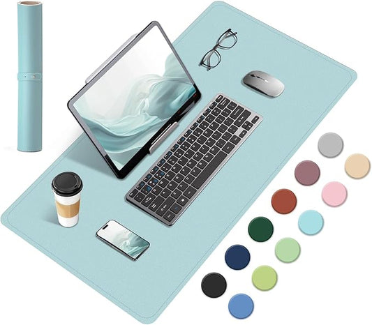 Dual-Sided Desk Pad, Natural Cork & PU Leather Mouse Pad for Desk, Desk Pad Protector, Non-Slip Desk Mat for Office and Home Work, (Light Blue, 23.6" x 13.7")